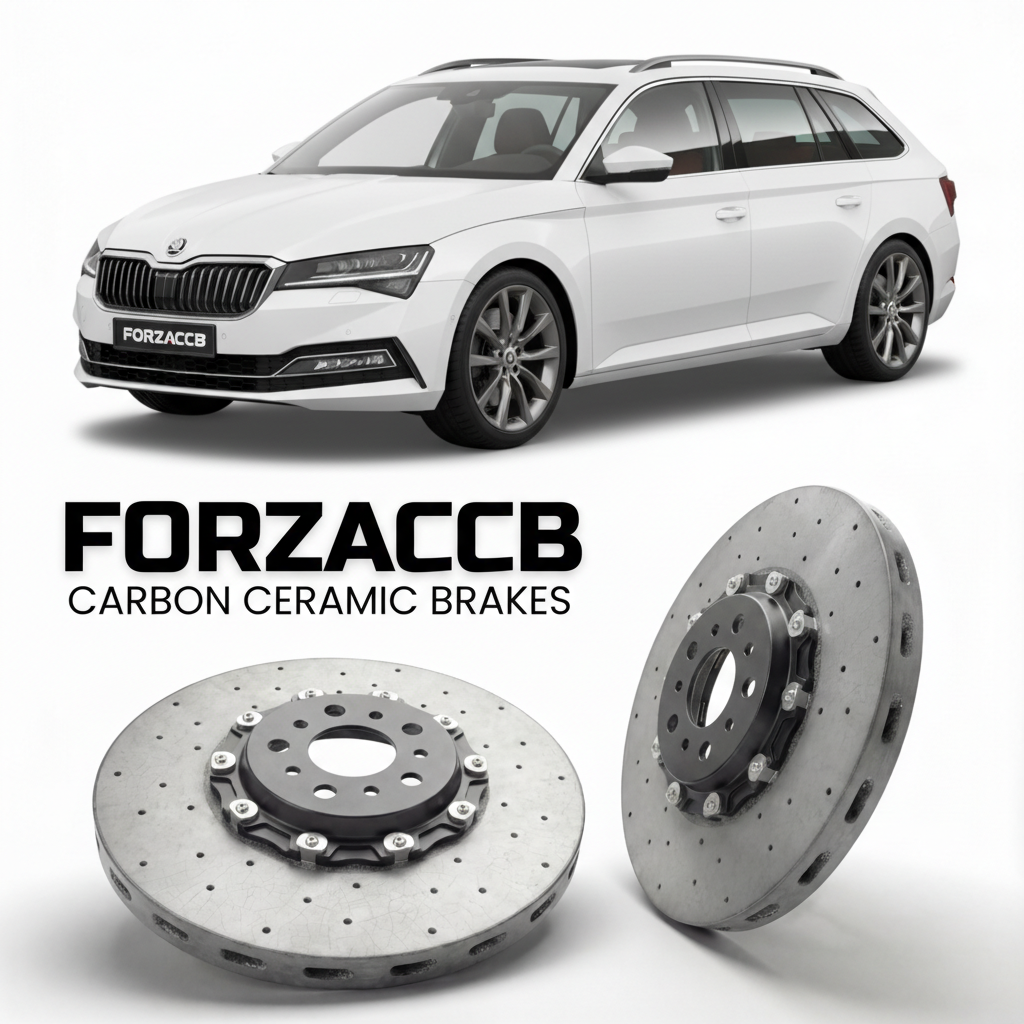 ForzaCCB direct OEM replacement carbon ceramic brake rotors for 2023 and newer Skoda Superb IV Combi 3Y models, shown with a white Skoda Superb IV Combi car.