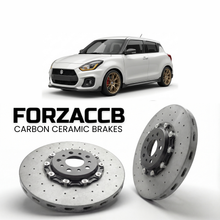 ForzaCCB direct OEM replacement carbon ceramic brake rotors for 2013 to 2023 Suzuki Swift Sport models, shown with a white Suzuki Swift Sport car.