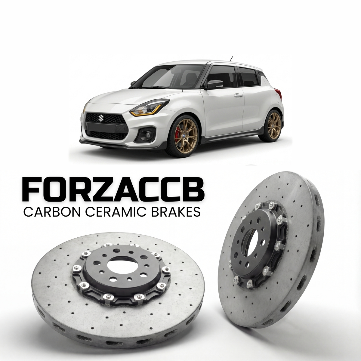 ForzaCCB direct OEM replacement carbon ceramic brake rotors for 2013 to 2023 Suzuki Swift Sport models, shown with a white Suzuki Swift Sport car.