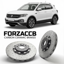 ForzaCCB direct OEM replacement carbon ceramic brake rotors for 2018- Volkswagen T-Cross C11 models, shown with a white Volkswagen T-Cross car.