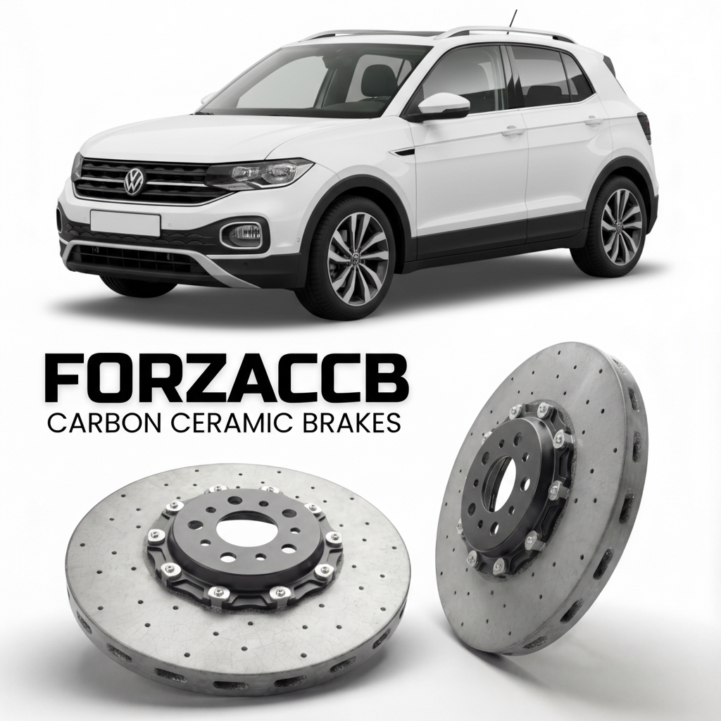 ForzaCCB direct OEM replacement carbon ceramic brake rotors for 2018- Volkswagen T-Cross C11 models, shown with a white Volkswagen T-Cross car.