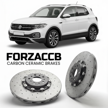 ForzaCCB direct OEM replacement carbon ceramic brake rotors for 2018- Volkswagen T-Cross C11 models, shown with a white Volkswagen T-Cross car.
