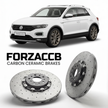 ForzaCCB direct OEM replacement carbon ceramic brake rotors for 2017- Volkswagen T-Roc A11 models, shown with a white Volkswagen T-Roc car.