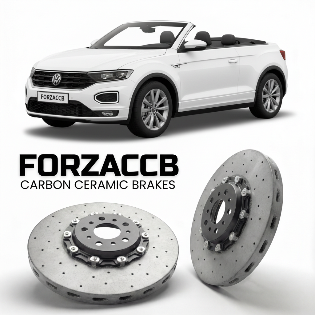 ForzaCCB direct OEM replacement carbon ceramic brake rotors for 2020- Volkswagen T-Roc Cabriolet A11 models, shown with a white Volkswagen T-Roc Cabriolet car.