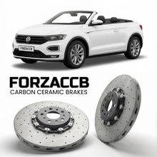 ForzaCCB direct OEM replacement carbon ceramic brake rotors for 2020- Volkswagen T-Roc Cabriolet A11 models, shown with a white Volkswagen T-Roc Cabriolet car.