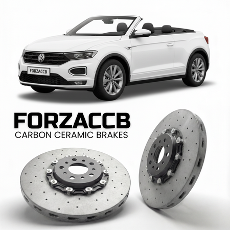 ForzaCCB direct OEM replacement carbon ceramic brake rotors for 2020- Volkswagen T-Roc Cabriolet A11 models, shown with a white Volkswagen T-Roc Cabriolet car.
