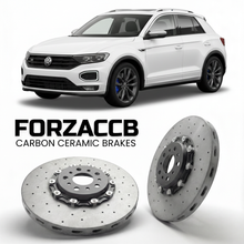 ForzaCCB direct OEM replacement carbon ceramic brake rotors for 2019- Volkswagen T-Roc R A11 models, shown with a white Volkswagen T-Roc R car.