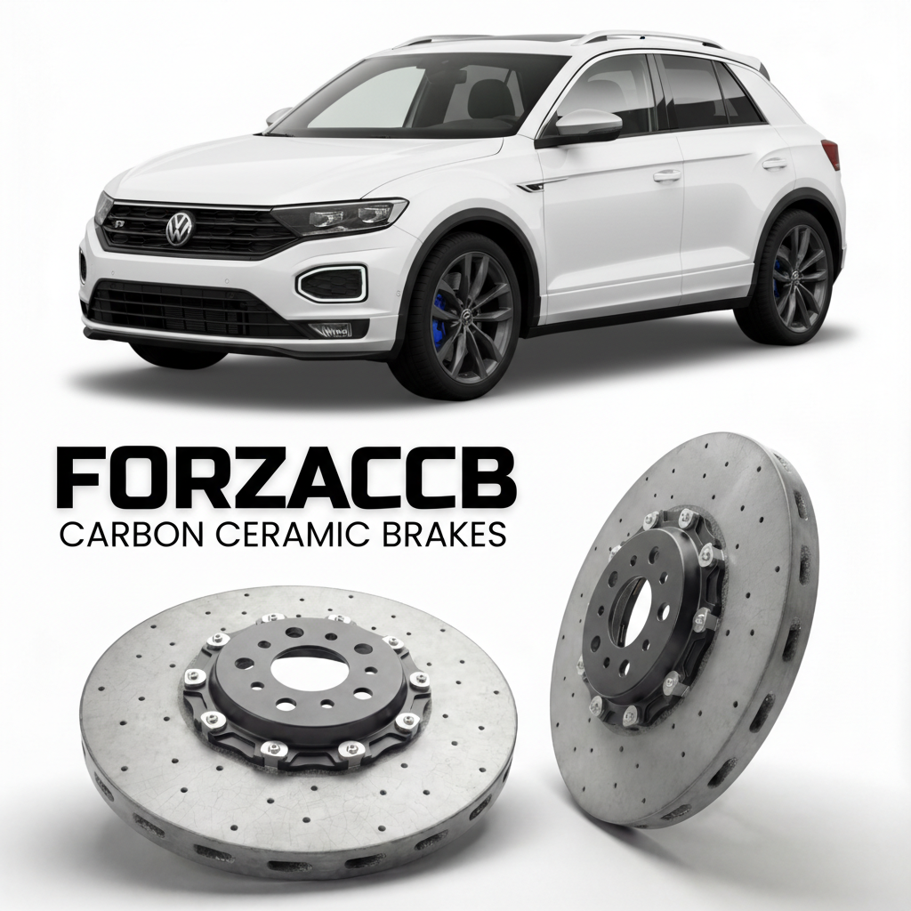 ForzaCCB direct OEM replacement carbon ceramic brake rotors for 2019- Volkswagen T-Roc R A11 models, shown with a white Volkswagen T-Roc R car.