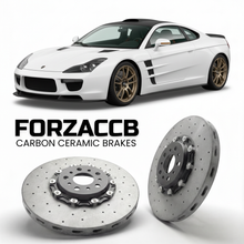 ForzaCCB direct OEM replacement carbon ceramic brake rotors for 2007 to 2012 Caparo T1 models, shown with a white Caparo T1 car.
