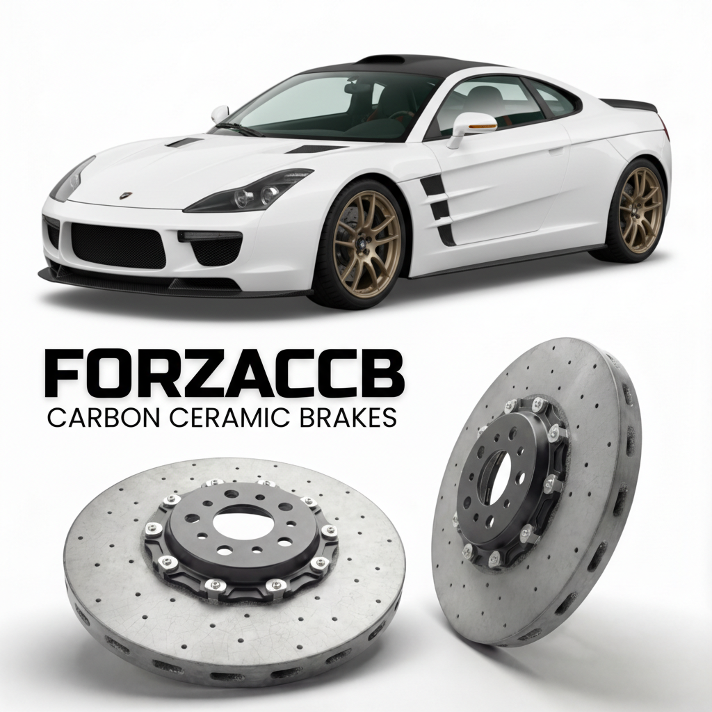 ForzaCCB direct OEM replacement carbon ceramic brake rotors for 2007 to 2012 Caparo T1 models, shown with a white Caparo T1 car.