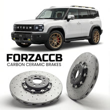 ForzaCCB direct OEM replacement carbon ceramic brake rotors for 2025 and newer Jetour T1 models, shown with a white Jetour T1 car.