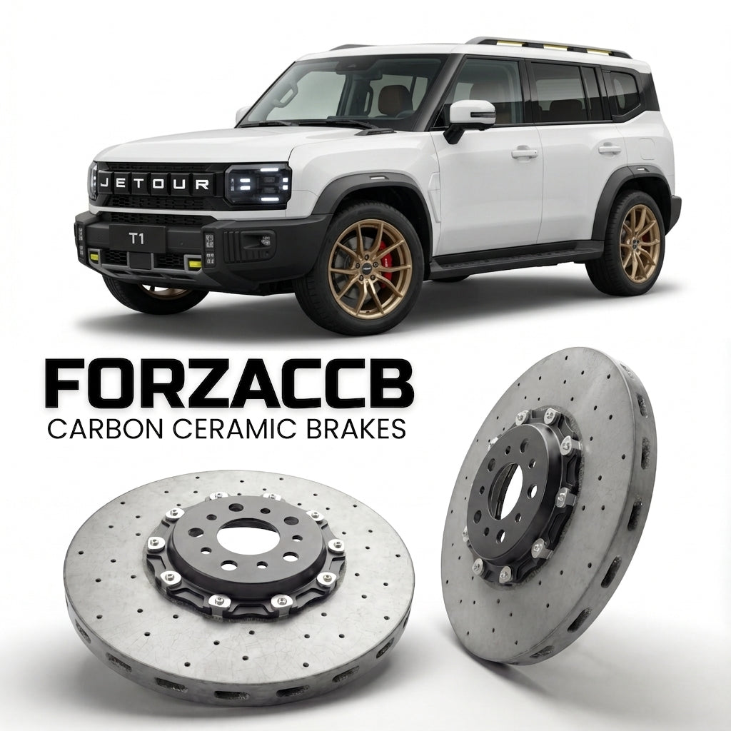 ForzaCCB direct OEM replacement carbon ceramic brake rotors for 2025 and newer Jetour T1 models, shown with a white Jetour T1 car.