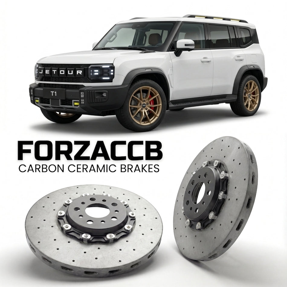 ForzaCCB direct OEM replacement carbon ceramic brake rotors for 2025 and newer Jetour T1 models, shown with a white Jetour T1 car.