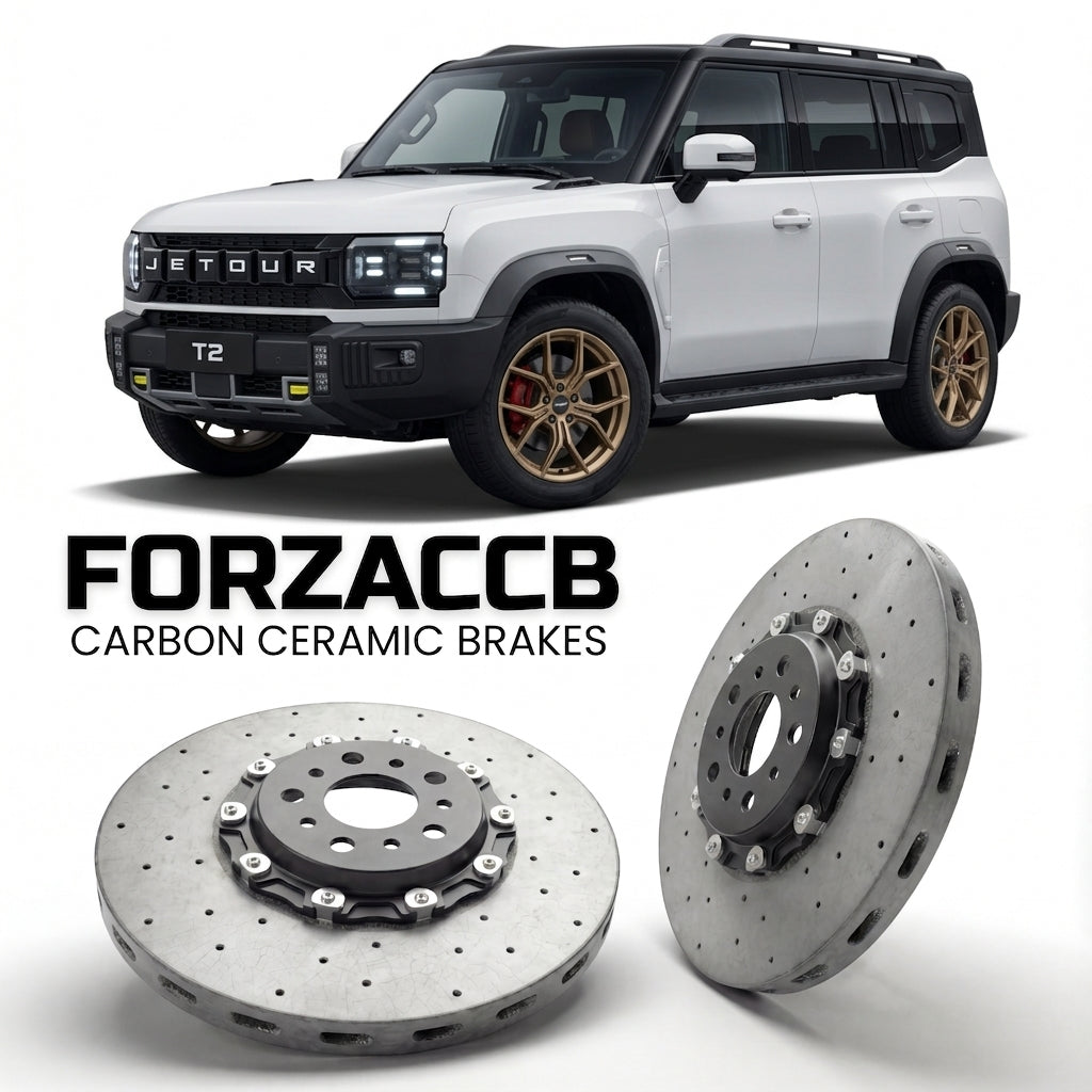ForzaCCB direct OEM replacement carbon ceramic brake rotors for 2023 and newer Jetour T2 models, shown with a white Jetour T2 car.