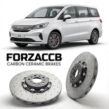 ForzaCCB direct OEM replacement carbon ceramic brake rotors for 2021 and newer BYD T3 models, shown with a white BYD T3 car.