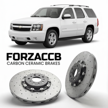 ForzaCCB direct OEM replacement carbon ceramic brake rotors for 2005 to 2007 Chevrolet Tahoe GMT820 models, shown with a white Chevrolet Tahoe car.