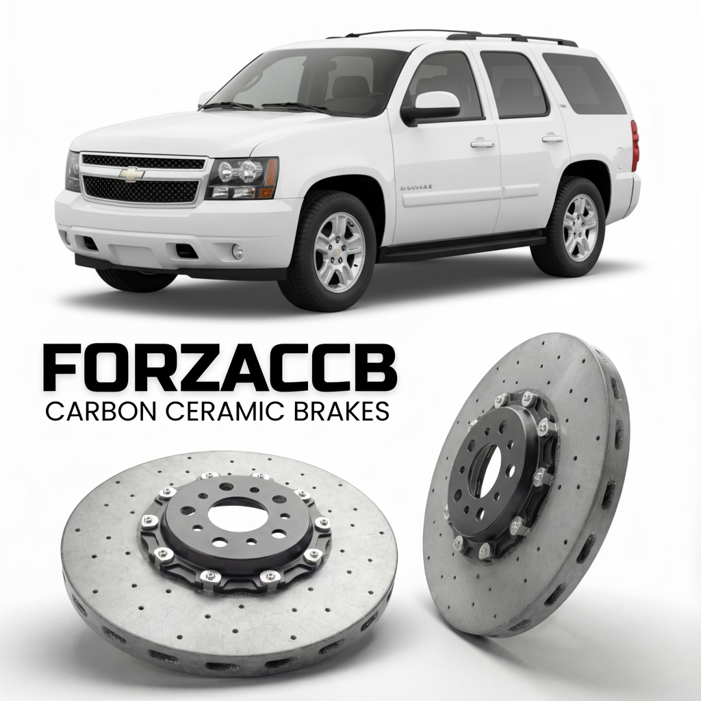ForzaCCB direct OEM replacement carbon ceramic brake rotors for 2005 to 2007 Chevrolet Tahoe GMT820 models, shown with a white Chevrolet Tahoe car.