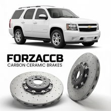 ForzaCCB direct OEM replacement carbon ceramic brake rotors for 2007 to 2014 Chevrolet Tahoe GMT900 models, shown with a white Chevrolet Tahoe car.