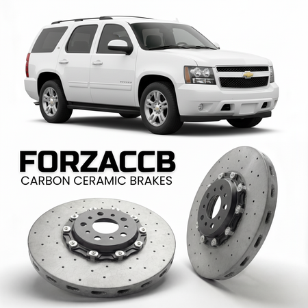ForzaCCB direct OEM replacement carbon ceramic brake rotors for 2007 to 2014 Chevrolet Tahoe GMT900 models, shown with a white Chevrolet Tahoe car.