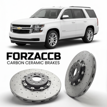 ForzaCCB direct OEM replacement carbon ceramic brake rotors for 2014 to 2020 Chevrolet Tahoe GMTK2UC/G models, shown with a white Chevrolet Tahoe car.