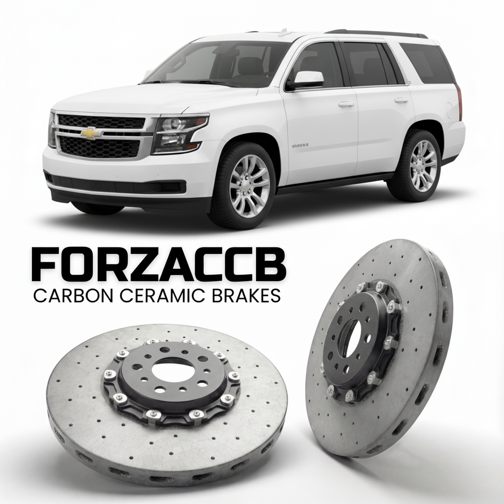 ForzaCCB direct OEM replacement carbon ceramic brake rotors for 2014 to 2020 Chevrolet Tahoe GMTK2UC/G models, shown with a white Chevrolet Tahoe car.