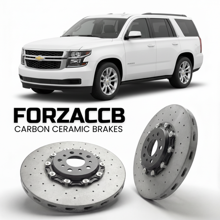 ForzaCCB direct OEM replacement carbon ceramic brake rotors for 2014 to 2020 Chevrolet Tahoe GMTK2UC/G models, shown with a white Chevrolet Tahoe car.