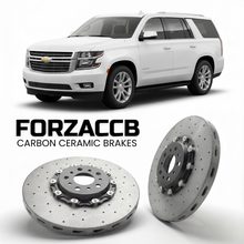 ForzaCCB direct OEM replacement carbon ceramic brake rotors for 2020 to 2024 Chevrolet Tahoe GMTT1XX models, shown with a white Chevrolet Tahoe car.