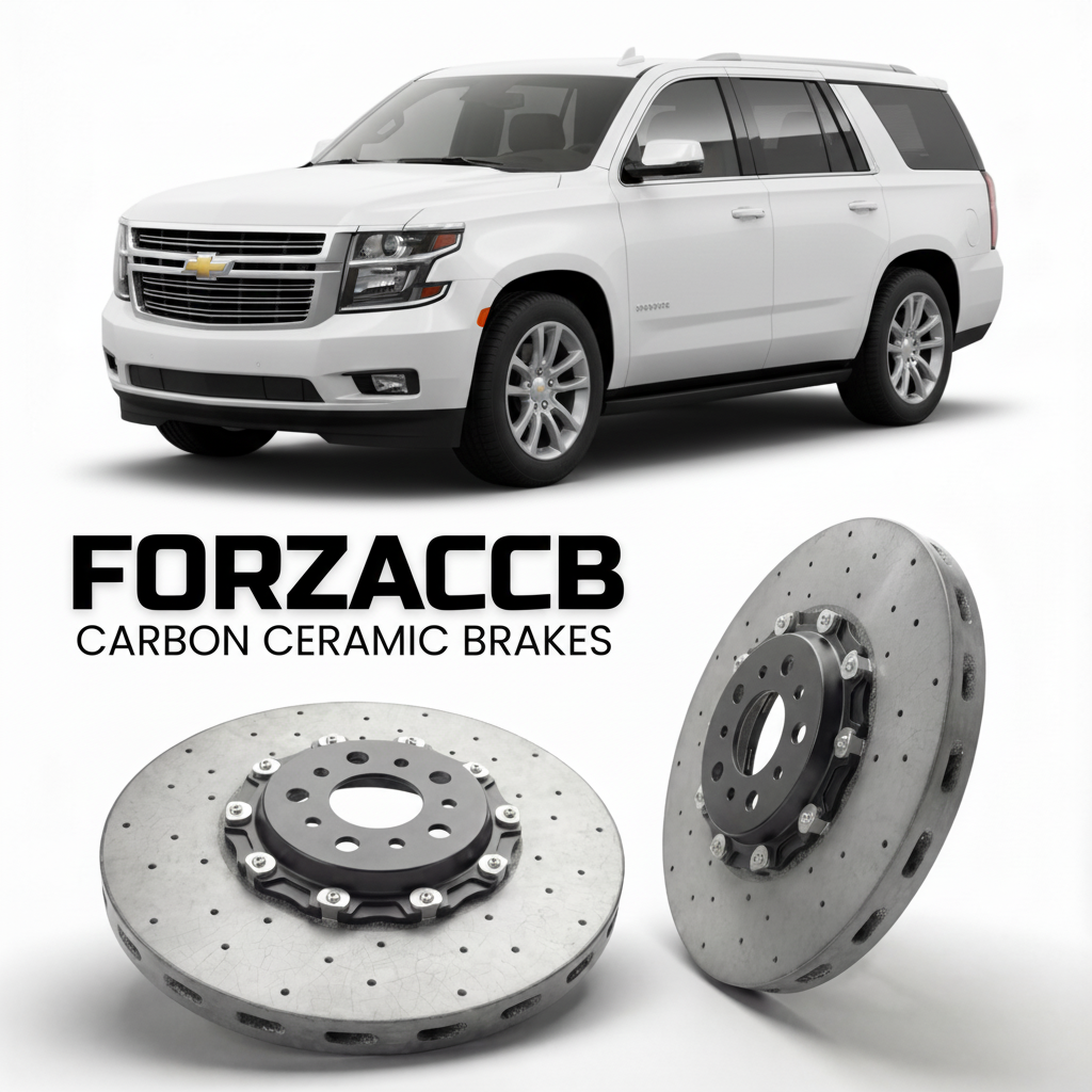 ForzaCCB direct OEM replacement carbon ceramic brake rotors for 2020 to 2024 Chevrolet Tahoe GMTT1XX models, shown with a white Chevrolet Tahoe car.