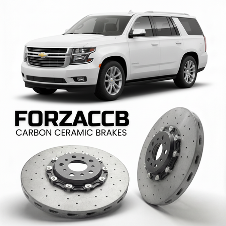 ForzaCCB direct OEM replacement carbon ceramic brake rotors for 2020 to 2024 Chevrolet Tahoe GMTT1XX models, shown with a white Chevrolet Tahoe car.