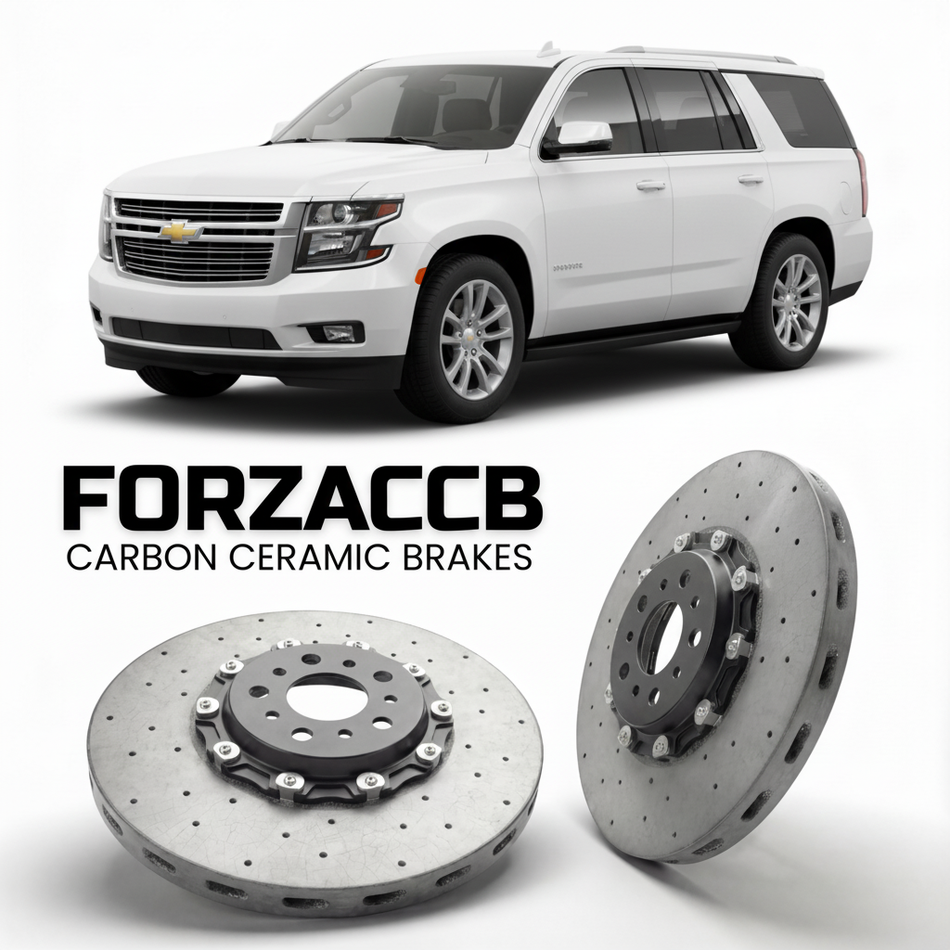ForzaCCB direct OEM replacement carbon ceramic brake rotors for 2020 to 2024 Chevrolet Tahoe GMTT1XX models, shown with a white Chevrolet Tahoe car.