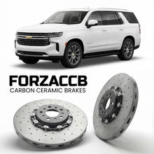 ForzaCCB direct OEM replacement carbon ceramic brake rotors for 2024 and newer Chevrolet Tahoe GMTT1XX, facelift 2024 models, shown with a white Chevrolet Tahoe car.