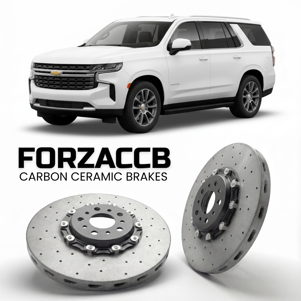 ForzaCCB direct OEM replacement carbon ceramic brake rotors for 2024 and newer Chevrolet Tahoe GMTT1XX, facelift 2024 models, shown with a white Chevrolet Tahoe car.