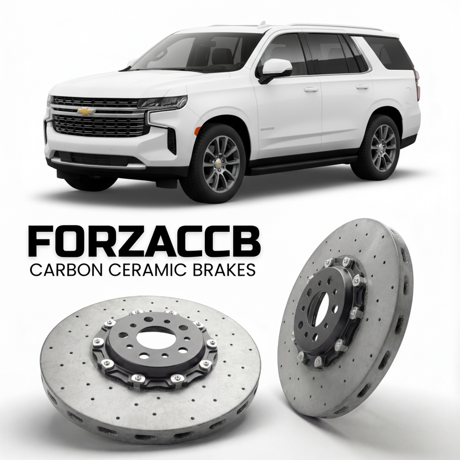 ForzaCCB direct OEM replacement carbon ceramic brake rotors for 2024 and newer Chevrolet Tahoe GMTT1XX, facelift 2024 models, shown with a white Chevrolet Tahoe car.