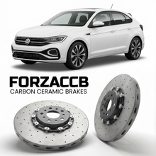 ForzaCCB direct OEM replacement carbon ceramic brake rotors for 2021- Volkswagen Taigo CS models, shown with a white Volkswagen Taigo car.