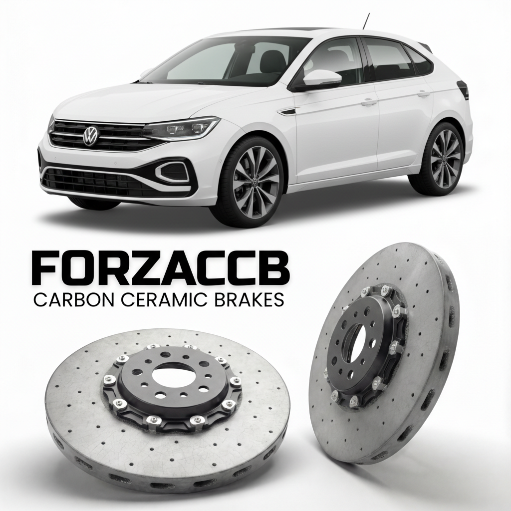 ForzaCCB direct OEM replacement carbon ceramic brake rotors for 2021- Volkswagen Taigo CS models, shown with a white Volkswagen Taigo car.