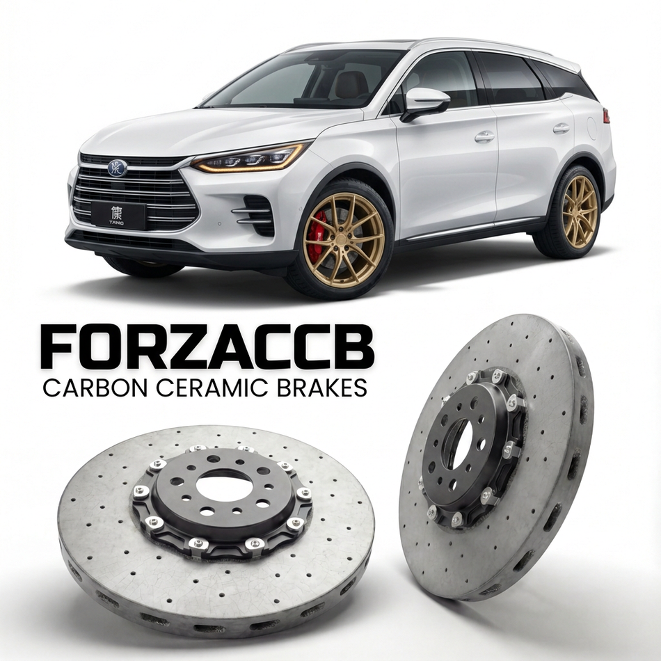 ForzaCCB direct OEM replacement carbon ceramic brake rotors for 2015 to 2018 BYD Tang I models, shown with a white BYD Tang car.