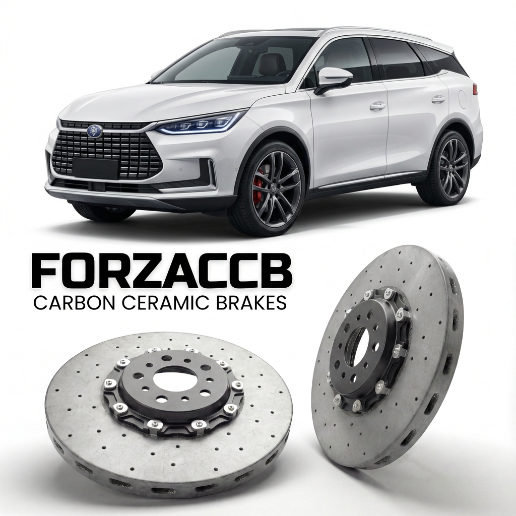 ForzaCCB direct OEM replacement carbon ceramic brake rotors for 2018 to 2021 BYD Tang II models, shown with a white BYD Tang car.