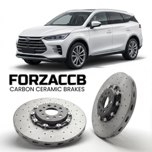 ForzaCCB direct OEM replacement carbon ceramic brake rotors for 2025 and newer BYD Tang L models, shown with a white BYD Tang car.