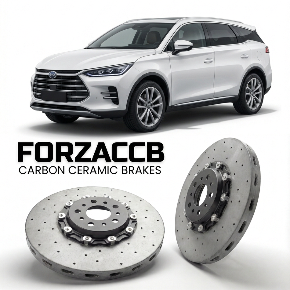 ForzaCCB direct OEM replacement carbon ceramic brake rotors for 2025 and newer BYD Tang L models, shown with a white BYD Tang car.
