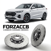 ForzaCCB direct OEM replacement carbon ceramic brake rotors for 2023 and newer Chery Tansuo 06 models, shown with a white Chery Tansuo 06 car.
