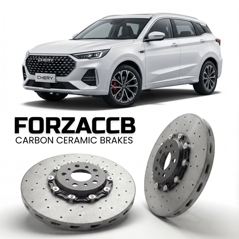 ForzaCCB direct OEM replacement carbon ceramic brake rotors for 2023 and newer Chery Tansuo 06 models, shown with a white Chery Tansuo 06 car.