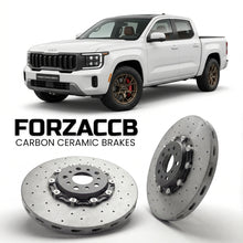 ForzaCCB direct OEM replacement carbon ceramic brake rotors for 2025 and newer Kia Tasman Double Cab models, shown with a white Kia Tasman car.