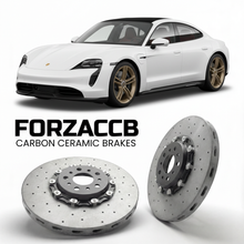 ForzaCCB direct OEM replacement carbon ceramic brake rotors for 2020 and newer Porsche Taycan 4S models, shown with a white Porsche Taycan 4S car.