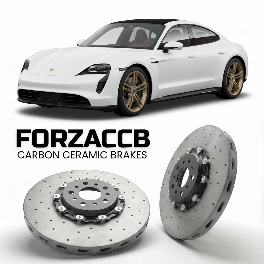 ForzaCCB direct OEM replacement carbon ceramic brake rotors for 2020 and newer Porsche Taycan 4S models, shown with a white Porsche Taycan 4S car.