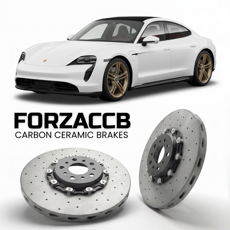 ForzaCCB direct OEM replacement carbon ceramic brake rotors for 2020 and newer Porsche Taycan 4S models, shown with a white Porsche Taycan 4S car.