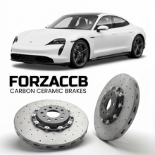ForzaCCB direct OEM replacement carbon ceramic brake rotors for 2020 and newer Porsche Taycan Turbo models, shown with a white Porsche Taycan Turbo car.