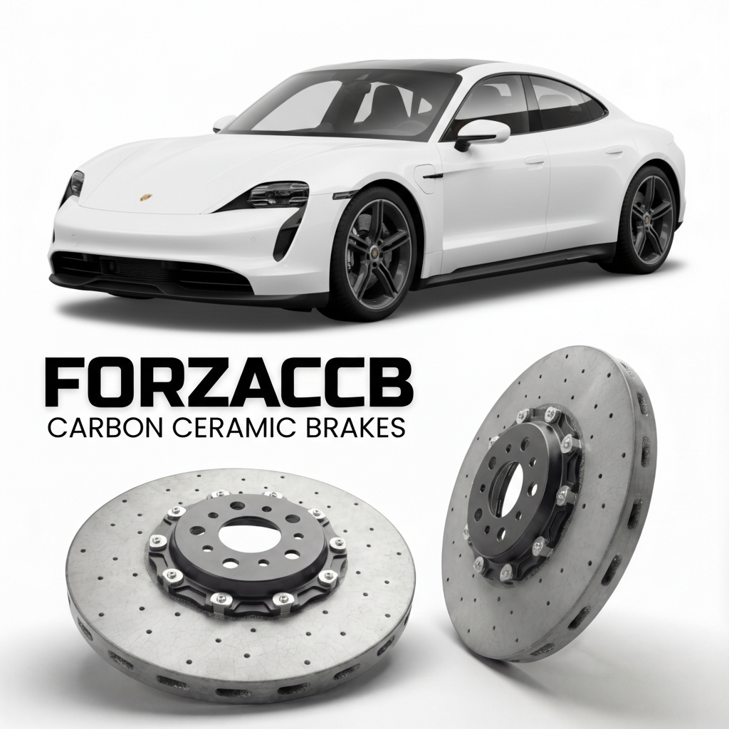 ForzaCCB direct OEM replacement carbon ceramic brake rotors for 2020 and newer Porsche Taycan Turbo models, shown with a white Porsche Taycan Turbo car.