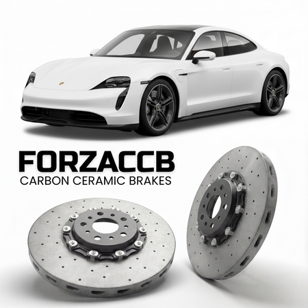 ForzaCCB direct OEM replacement carbon ceramic brake rotors for 2020 and newer Porsche Taycan Turbo models, shown with a white Porsche Taycan Turbo car.