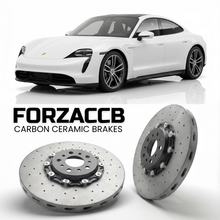 ForzaCCB direct OEM replacement carbon ceramic brake rotors for 2020 and newer Porsche Taycan Turbo S models, shown with a white Porsche Taycan Turbo S car.