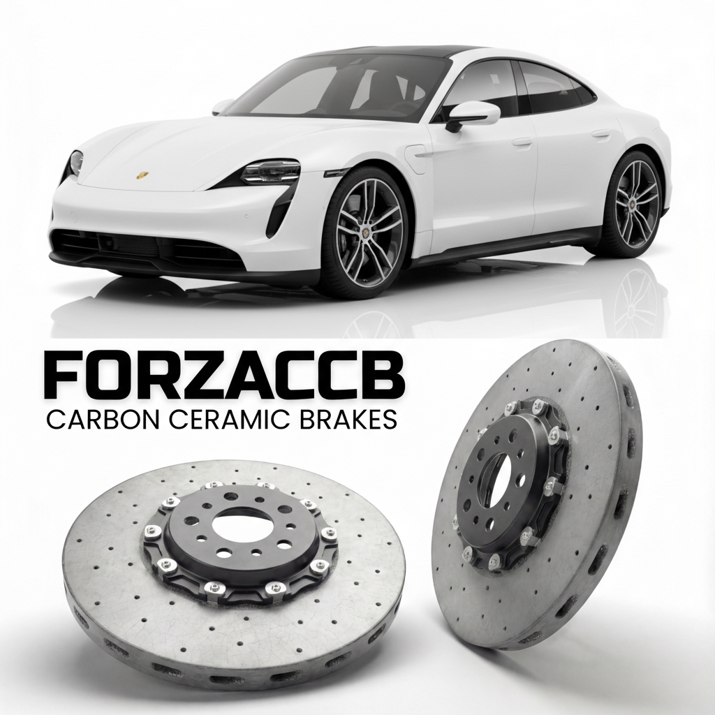 ForzaCCB direct OEM replacement carbon ceramic brake rotors for 2020 and newer Porsche Taycan Turbo S models, shown with a white Porsche Taycan Turbo S car.